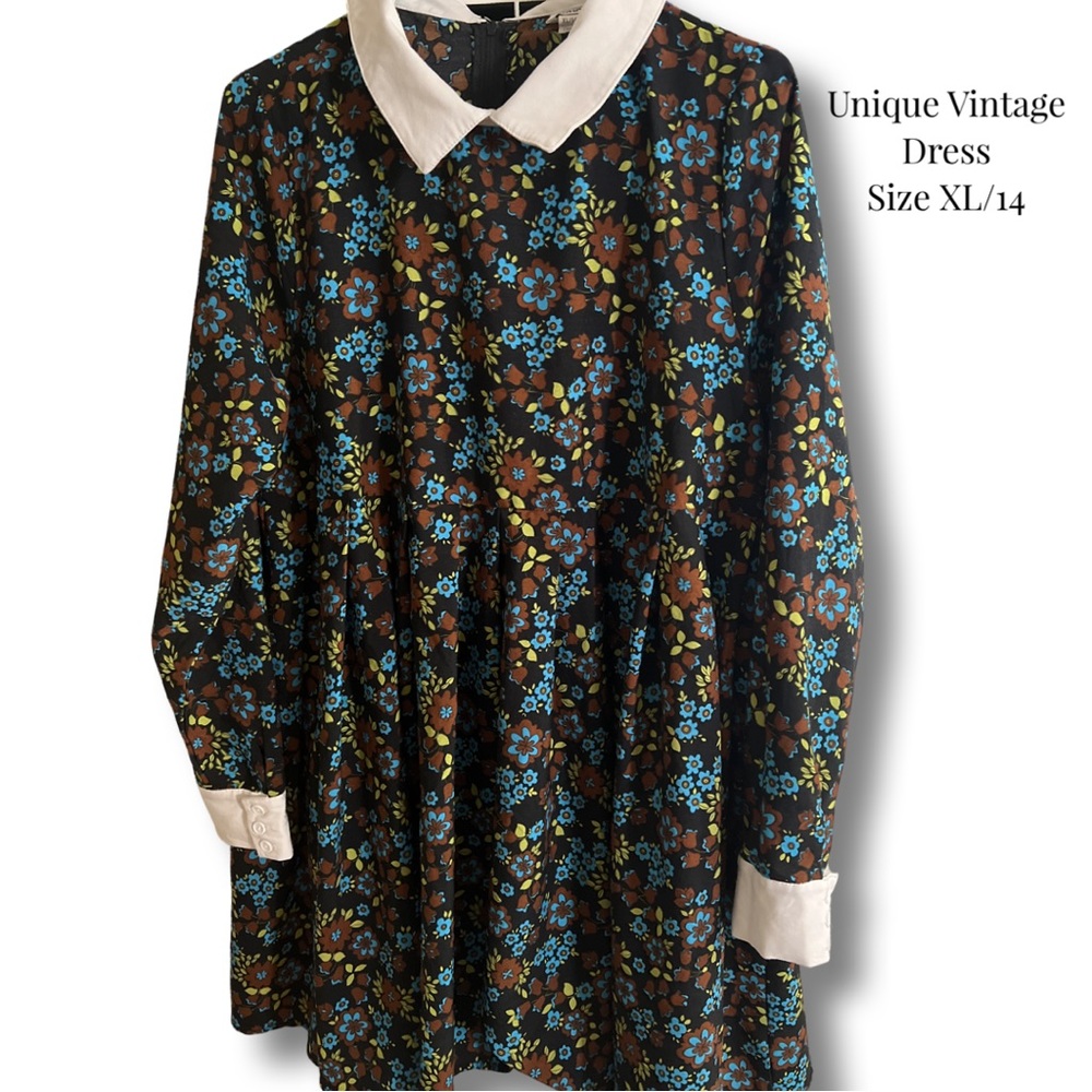 Unique Vintage Blue & Brown Retro Florals Peggy Babydoll Dress